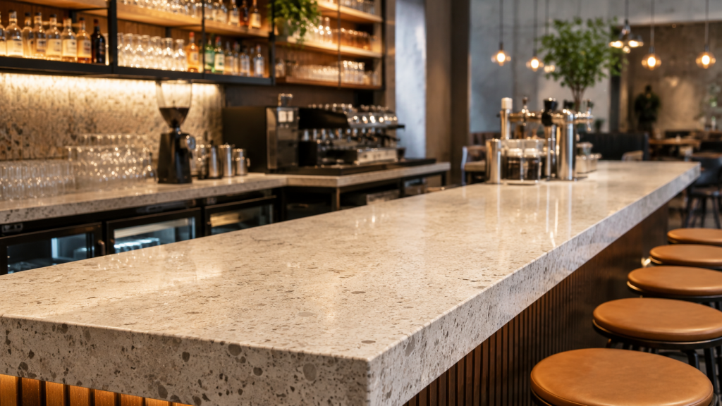 granite countertop in a warmly lit modern bar
