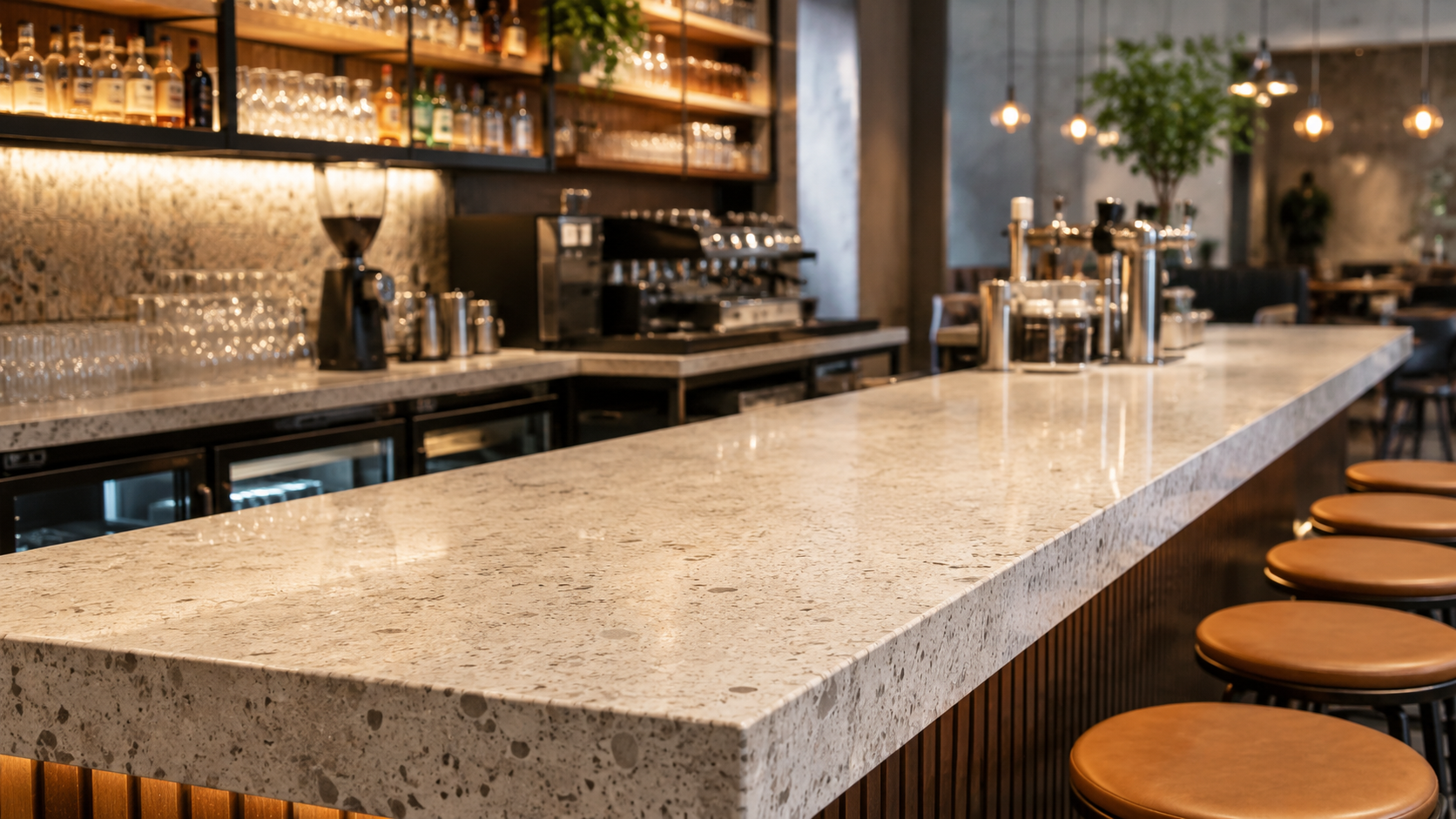 granite countertop in a warmly lit modern bar