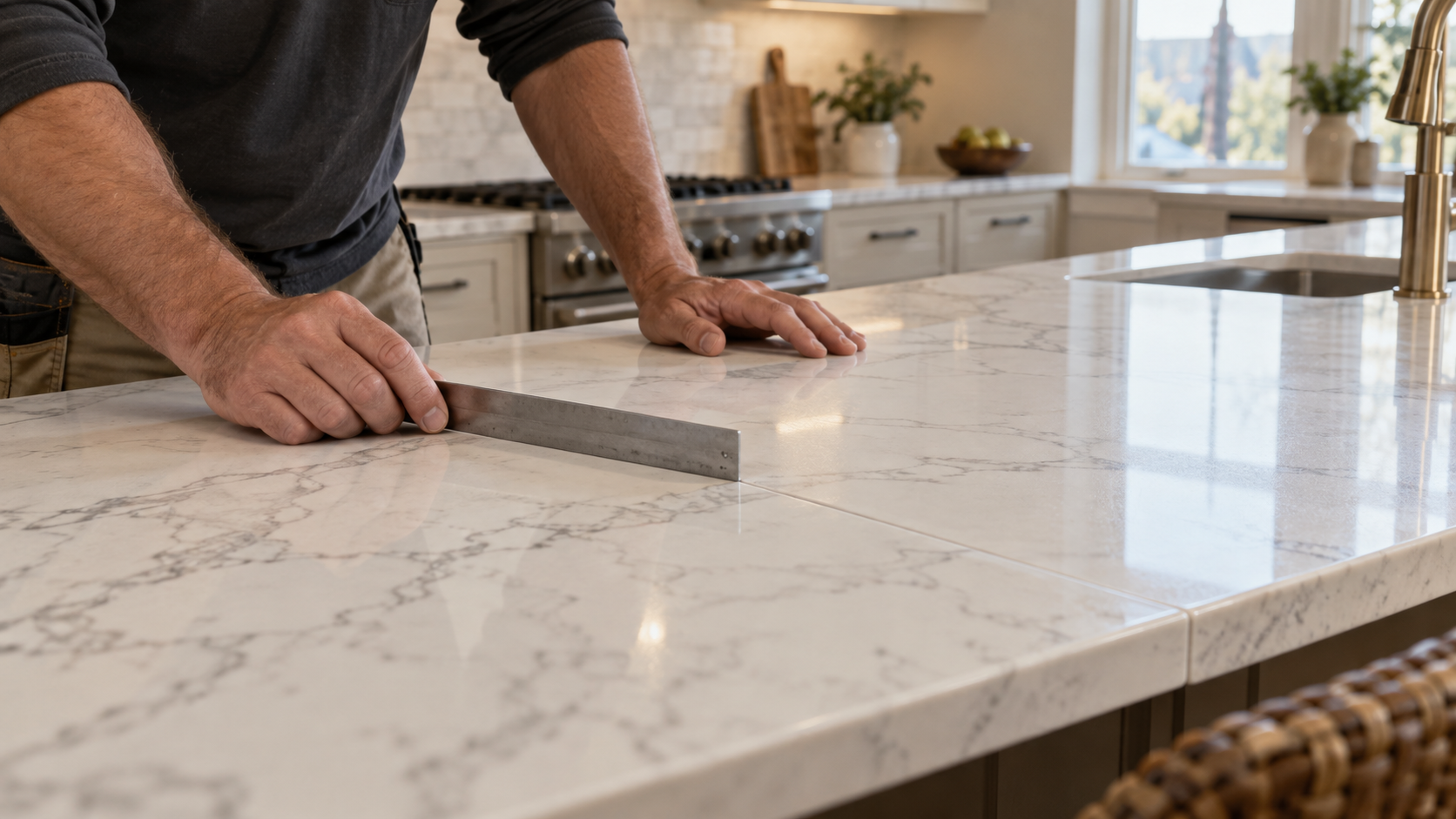 countertop installer inspecting the seam of a quartz counter top he just installed